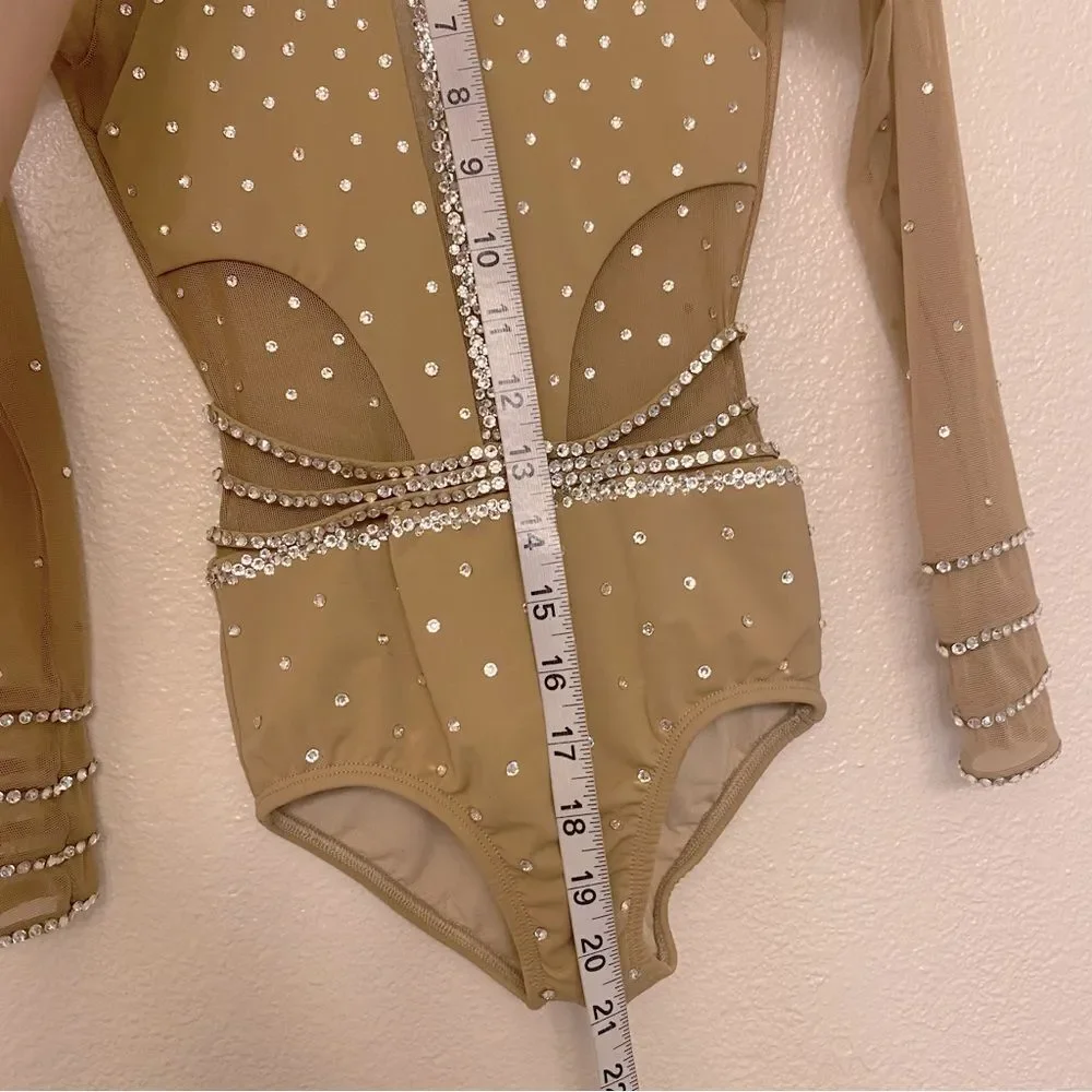 LA dance solo custom tan nude beige illusion leotard costume bedazzled bling LC